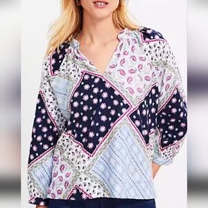 Loft Linen Blend V Neck Patchwork Top Size Small NWT